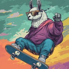 a llama wearing sunglasses riding a skateboard