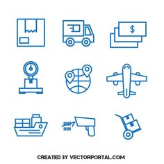 blue line icons on white background for web and mobile application design, set of transport related items