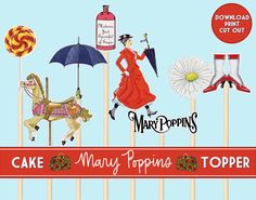 an advertisement for mary poppins's cake pops with various items on top of them