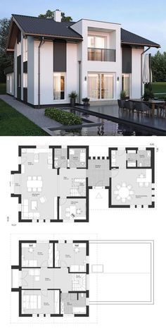 two story house plan with three floors and an open floor plan for the living room