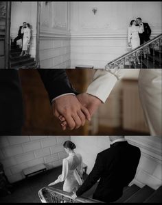 the bride and groom are walking down the stairs at their wedding ceremony in black and white