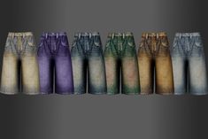 five pairs of shorts with different colors on them