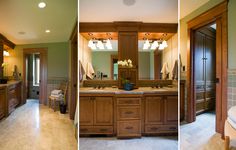 two pictures of a bathroom with wooden cabinets