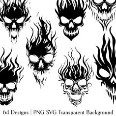 skulls and flames with different designs on them