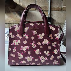 Brand New Kate Spade Purse. Maroon With Flowers. 10.5"L X 3.5"W X 8.5"H With Handles And Long 21" Strap Teal Purse, Orange Purse, Snakeskin Purse, Kate Spade Shoulder Bag, Bags Kate Spade, Flowers Color, Floral Purse, Medium Handbags, Gold Handbags