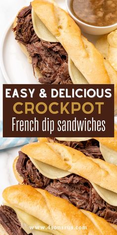 the crockpot french dip sandwich is cut in half and ready to be eaten