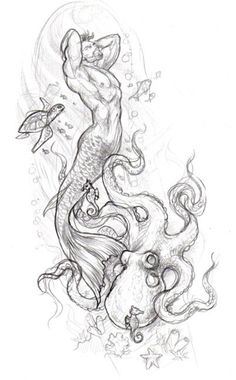 a drawing of a mermaid with long hair and an octopus on it's back