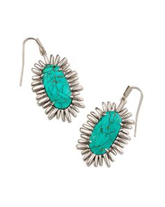 Look who’s back: the Mariah Vintage Silver Drop Earrings in Variegated Turquoise Magnesite. With a sunburst-inspired frame surrounding our iconic oval shape, you’re sure to shine with this artful style. 

 These earrings are part of Yellow Rose by Kendra Scott—a collection that celebrates the American Southwest with Kendra Scott staples alongside select curated jewelry pieces and accessories. New Jewelry, Silver Drop Earrings, Gold Drop Earrings, Brass Material, Gold Fashion, Gold Pendant Necklace, Yellow Roses, Yellow Rose, Kendra Scott