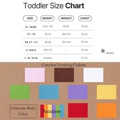 the color chart for toddler's size chart