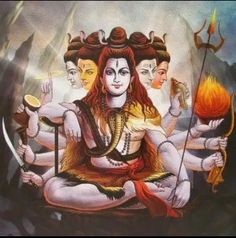 there is a painting of the hindu god sitting in front of three other men and one woman