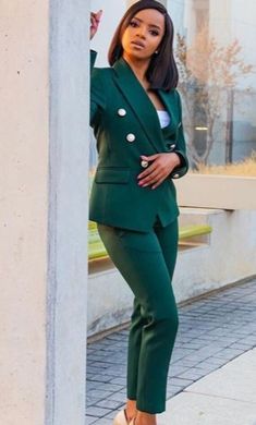 This unique ladies suit is designed with high quality wool material that guarantees durability and comfort. It is suitable for all kinds of occasion and it can be worn all year round. It comes in 2 pieces ( Jacket + pant) the blazer can also be worn with any kind of trouser or jeans  For custom orders, Please feel free to start a  conversation for further enquires. Your satisfaction is our priority Winter Workwear Sets With Buttons, Office Sets With Buttons For Fall, Tailored Office Sets With Buttons, Office Pantsuit With Notch Lapel And Buttons, Double-breasted Workwear Sets For Fall, Winter Workwear Sets With Suit Collar, Double-breasted Fall Workwear Sets, Green Business Casual Set With Notch Lapel, Tailored Office Sets For Winter