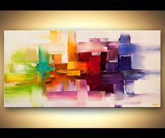 an abstract painting with multiple colors and shapes on the canvas, it is ready to be hung