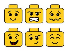 four yellow lego faces with different expressions