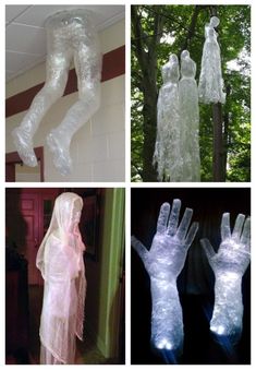 four different images of plastic gloves and hands in various stages of being made into people's bodies