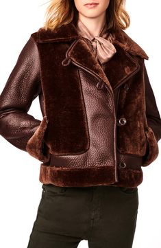 Shearling Aviator Jacket, Cropped Faux Leather Jacket, Aviator Jacket, Fur Leather Jacket, Aviator Jackets, Faux Leather Moto Jacket, Aviator Style, Brown Leather Jacket, Faux Fur Jacket