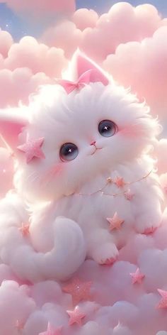 a white cat sitting in the clouds with pink stars on it's head and eyes