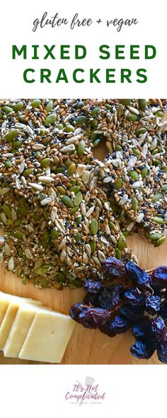 an image of mixed seed crackers on a wooden cutting board with text overlay