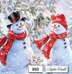 two snowmen standing next to each other in front of a snowy tree and birdhouse