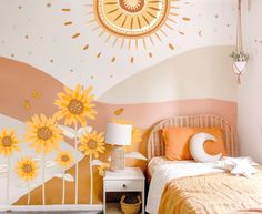 a bedroom with sunflowers painted on the wall