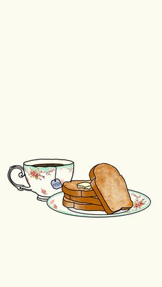 two pieces of toast on a plate next to a cup of coffee and saucer