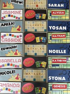 many different types of name tags are displayed on the wall in front of each other