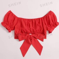 Never Worn Shein Red Tied Hem Puff Sleeve Crop Top Chic Red Tie-back Top, Red Casual Tie Back Top, Chic Red Tie Back Top, Cute Red Shirts, Quince Ideas, Puff Sleeve Crop Top, Red Tie, Cute Crop Tops, Shein Tops