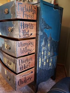 a harry potter themed dresser with five drawers