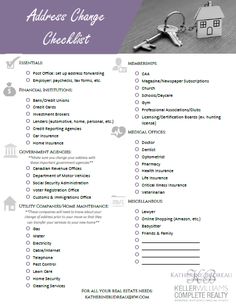 a checklist with the words address change and keychain on top of it