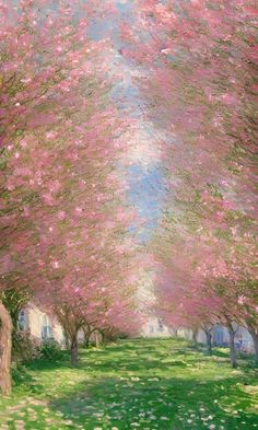 an oil painting of trees with pink flowers