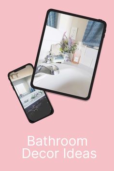 the bathroom decor ideas book is open and showing it's reflection in the mirror