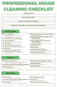 a cleaning checklist with the words professional house cleaning checklist in green and white