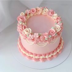 there is a pink cake with flowers on it