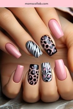 Medium Nail Art Designs, Pink And Black Manicure, How To Do Nail Designs, Cute Diy Nails, Pink Zebra Print Nails, 2 Color Nail Ideas, Black And Pink Nails Ideas, Pink And Black Nail Art, Nail Art Animal Print