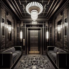 an art deco hallway with black and gold decor