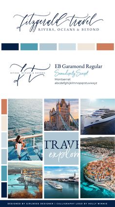 an advertisement for a travel company with images of the city and its surrounding buildings in blue,