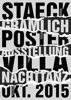 a poster with torn up pieces of paper in the shape of words that read staeck