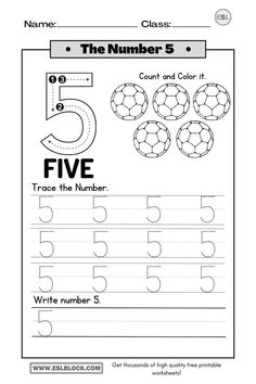 the number five worksheet for children to practice numbers 5 and 6, including soccer balls