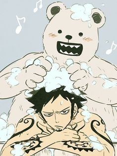 an anime character sitting in front of a large teddy bear with music notes on it's chest