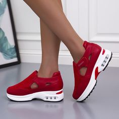 WELCOME TO JOSKAA OFFICIAL STORE Comfortable Red Sneakers With Round Toe, Comfortable Red Round Toe Sneakers, Comfortable Red Sneakers, Comfortable Red Flat Sneakers, Comfortable Flat Red Sneakers, Red Breathable Flat Sneakers, Red Sneakers With Round Toe For Walking, Red Synthetic Platform Sneakers, Red Slip-on Sneakers For Spring