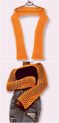 an orange knitted scarf hanging from a hook on a clothes hanger and another photo of the same item