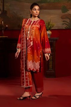 Gul Ahmed CL-42178 Red Collection Formal Red Lawn Suit With Printed Motifs, Red Lawn Suit With Printed Motifs For Formal Occasions, Red Formal Lawn Suit With Printed Motifs, Unstitched Cotton Lawn Suit For Fall, Orange Digital Print Lawn Suit For Summer, Formal Suits With Printed Motifs And Long Sleeves, Traditional Red Sets With Digital Print, Traditional Orange Lawn Suit With Digital Print, Traditional Red Lawn Suit With Digital Print