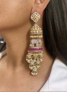 Heavy Long Earrings, Long Heavy Earrings, Heavy Earings Design, Diamond Jhumki Earrings, Heavy Jhumkas Earrings, Heavy Earrings For Wedding, Heavy Gold Jewellery, Polki Jhumkas, Long Earrings Indian