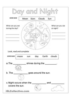 the day and night worksheet for kids to practice their reading skills, including