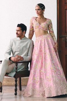 Mint blue sherwani with ivory resham and zari lines. Paired with an ivory silk straight pant. - Aza Fashions Blue Sherwani, Ivory Silk, Mint Blue, Bridal Lehenga, Modern Bride, Pink Blouse