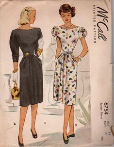 Junior dress with fitted bodice and short or three-quarter length sleeves; pockets. CONDITION Pattern: cut and complete Envelope: fair-yellow with age, tears on corners, worn seams Puff Sleeve Dress Pattern, Puffed Sleeve Dress, Junior Dress, Fashion Designing, Puffed Sleeves Dress, Gathered Skirt, Junior Dresses, Vintage Sewing Patterns, Historical Fashion