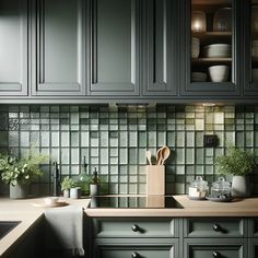 a kitchen with gray cabinets and green tile backsplash, wooden counter tops and utensils