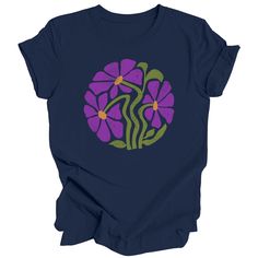 Elevate your everyday boho style with our unisex crew neck t-shirt, featuring an eye-catching distressed daisy design in beautiful shades of purple, yellow, and green. This shirt seamlessly blends comfort and fashion making it the perfect addition to your wardrobe for any occasion. This classic unisex jersey short sleeve tee fits like a well-loved favorite. Soft cotton and quality print make users fall in love with it over and over again. These t-shirts have-ribbed knit collars to bolster shaping. The shoulders are tapered for a better fit over time. Dual side seams hold the garment's shape for longer. .: Bella+Canvas brand tee .: 100% Airlume combed and ringspun cotton (fiber content may vary for different colors) .: Light fabric (4.2 oz/yd² (142 g/m .: Retail fit .: Tear away label .: Ru Bohemian Blue Printed T-shirt, Blue Bohemian Graphic Print T-shirt, Bohemian Blue Graphic Print T-shirt, Bohemian Blue T-shirt With Graphic Print, Blue Bohemian Cotton T-shirt, Bohemian Printed Crew Neck T-shirt, Blue Hippie Cotton T-shirt, Blue Cotton Hippie T-shirt, Bohemian Crew Neck T-shirt For Spring