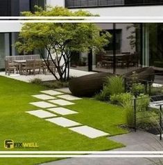 two pictures of the same yard with grass and stepping stones on each side, in front of an apartment building