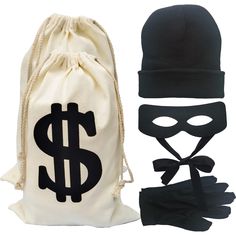 PRICES MAY VARY. You will get: 2 canvas money bag, 1 black eye mask, 1 knit beanie cap, 1 bandit gloves，which is a Prop perfection for Halloween or custume Black eye mask:2.5 x 7.2 inches,Single bag length 40-45CM, suitable for COS role-playing, performance prom film and television props. Canvas Money Bag:11.8 x 15.7 inches ,with drawstring closure and dollar sign design, made of canvas, durable and not easy to pillow. Robber Costume Set:fun way to get into character as a robber,Suitable for eve Diy Robber Costume Women, Prom Film, Bank Robber Costume, Robber Halloween Costume, Burglar Costume, Robber Mask, Robber Costume, Mask Halloween Costume, Cops And Robbers