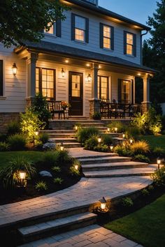 a house that has some steps lit up in the front yard with lights on them